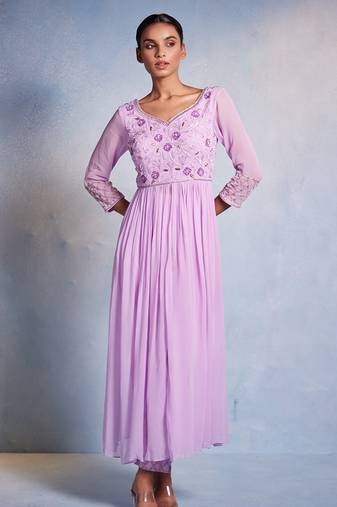 Purple embroidered georgette kurta set