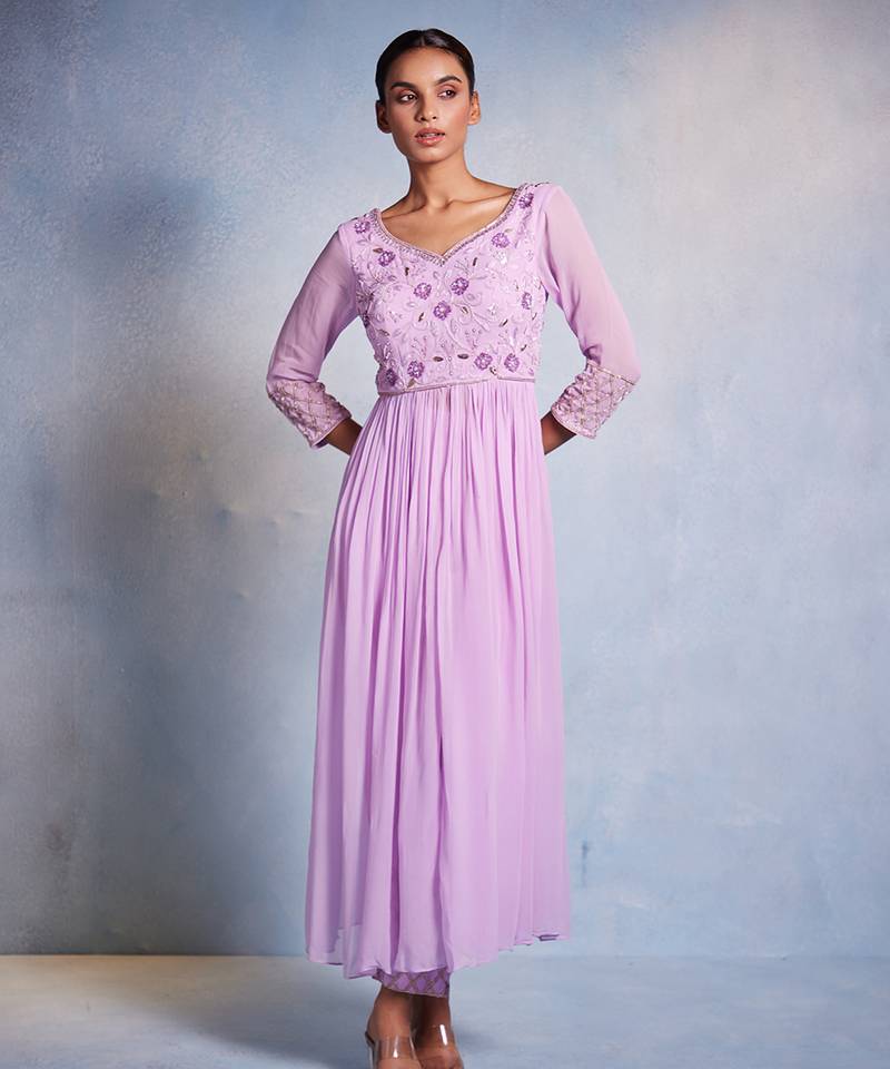 Purple embroidered georgette kurta set