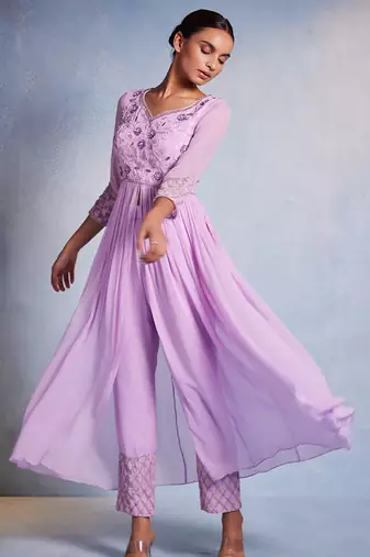 Purple embroidered georgette kurta set