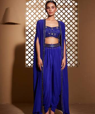 Blue embroidered crepe cape set 1