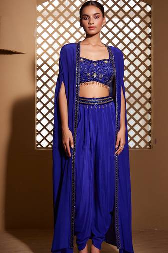 Blue embroidered crepe cape set