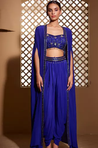 Blue embroidered crepe cape set