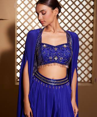 Blue embroidered crepe cape set 2