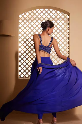 Blue embroidered crepe cape set