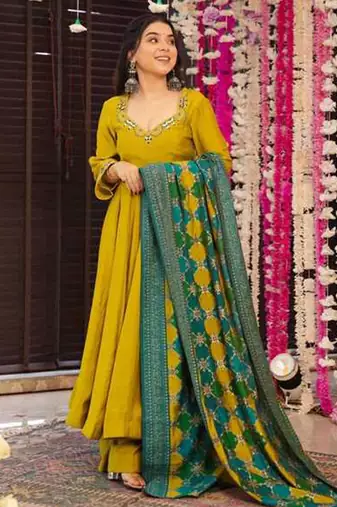 pv-silk chanderi embroidered kurta set with stitched top, bottom & dupatta
