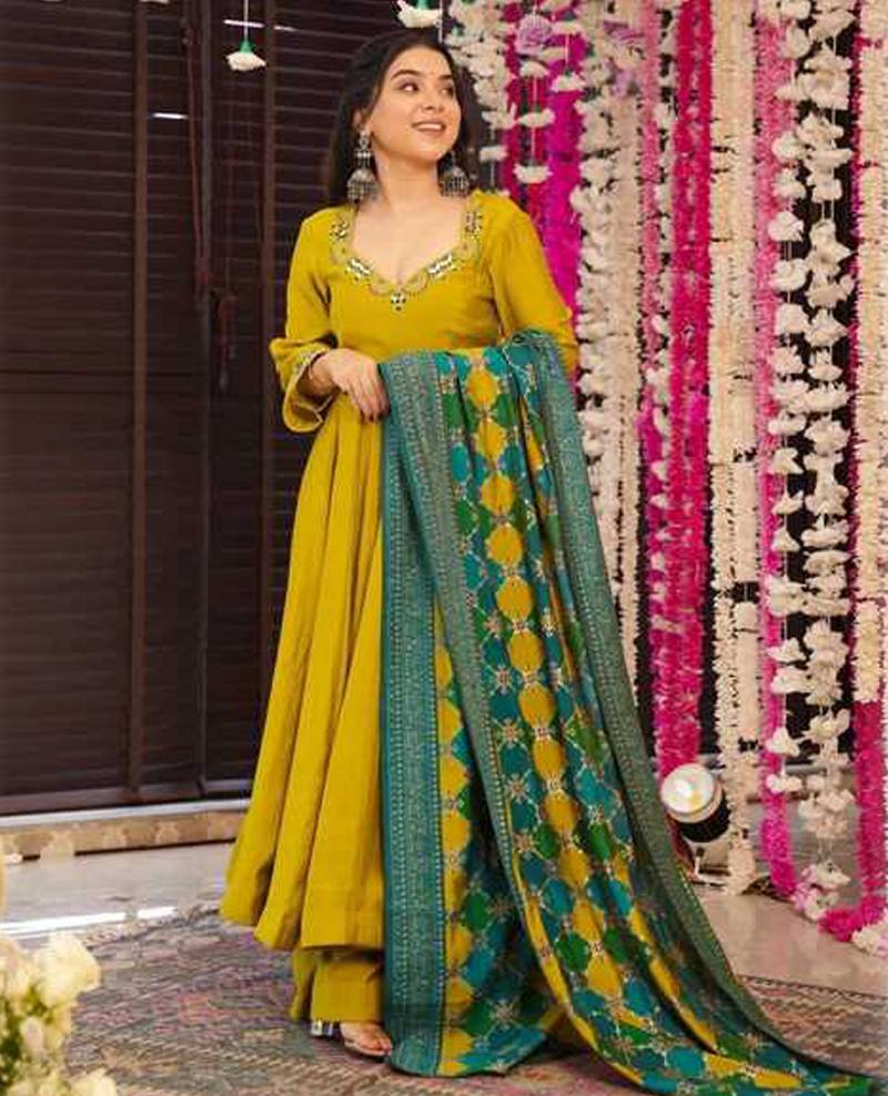 pv-silk chanderi embroidered kurta set with stitched top, bottom & dupatta