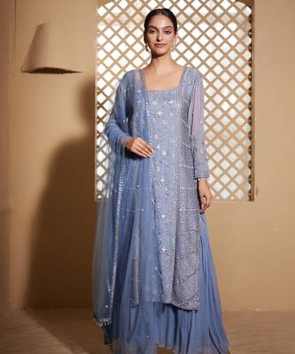 Blue embroidered georgette sharara set 1