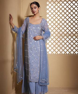 Blue embroidered georgette sharara set 2