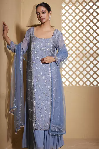 Blue embroidered georgette sharara set