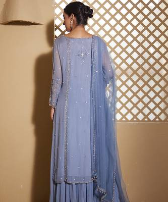 Blue embroidered georgette sharara set 3