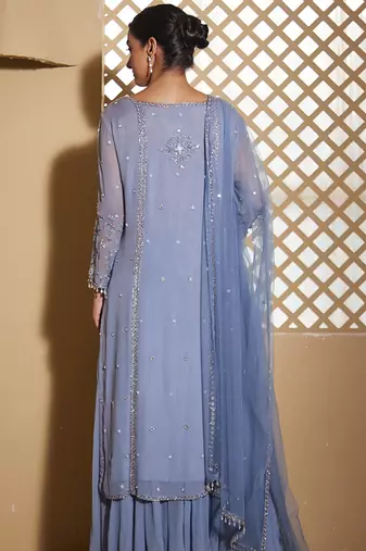 Blue embroidered georgette sharara set