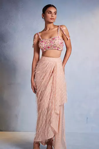 Pink embroidered net co ord set