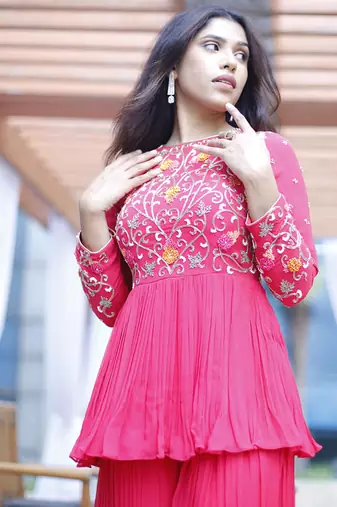 Pink embroidered georgette sharara