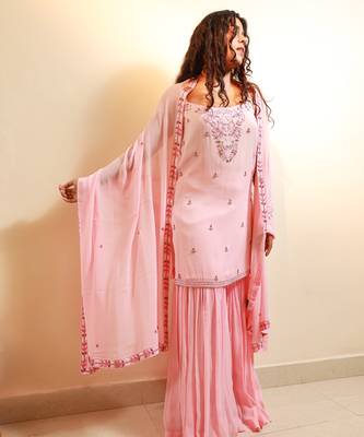 Pink embroidered georgette sharara set 1
