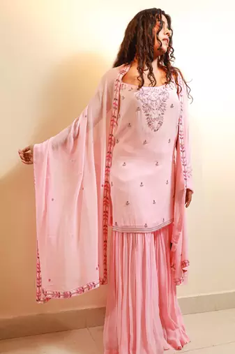 Pink embroidered georgette sharara set