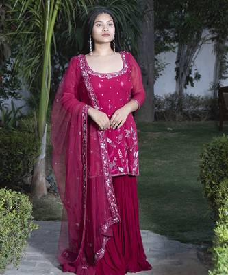 Maroon embroidered georgette sharara set 1