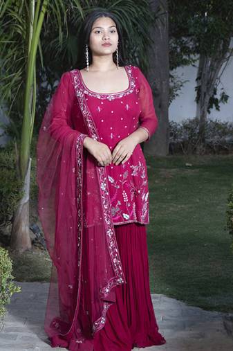 Maroon embroidered georgette sharara set