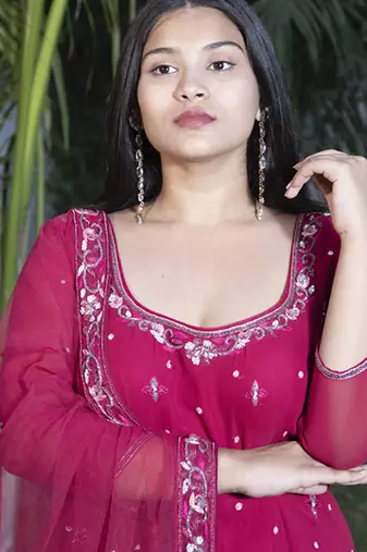 Maroon embroidered georgette sharara set
