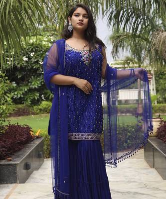 Blue embroidered net sharara set 1