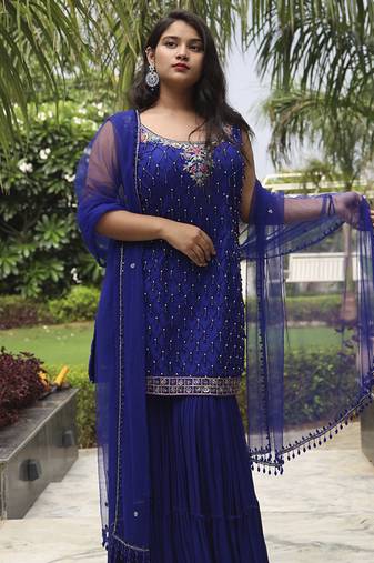 Blue embroidered net sharara set