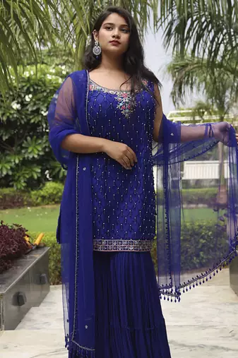 Blue embroidered net sharara set