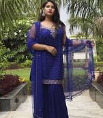 Blue embroidered net sharara set