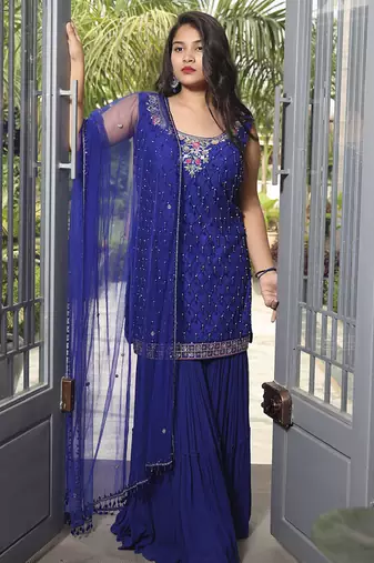 Blue embroidered net sharara set