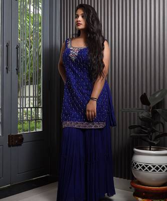 Blue embroidered net sharara set 3
