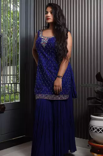 Blue embroidered net sharara set