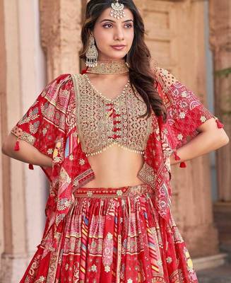Stunning Red Chinon Digital Printed Wedding Lehenga Choli 2