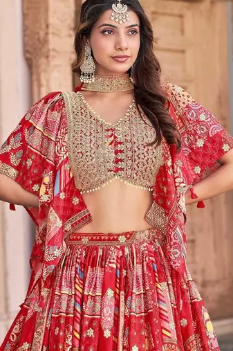 Stunning Red Chinon Digital Printed Wedding Lehenga Choli