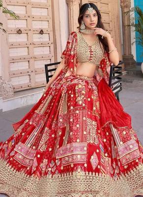 Stunning Red Chinon Digital Printed Wedding Lehenga Choli 3