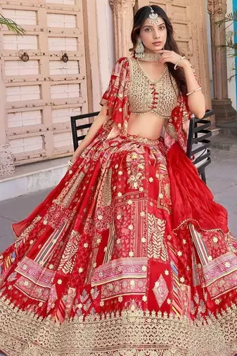 Stunning Red Chinon Digital Printed Wedding Lehenga Choli