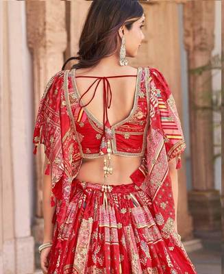 Stunning Red Chinon Digital Printed Wedding Lehenga Choli 4