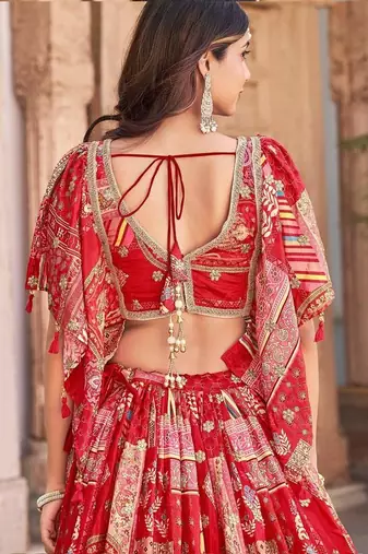 Stunning Red Chinon Digital Printed Wedding Lehenga Choli
