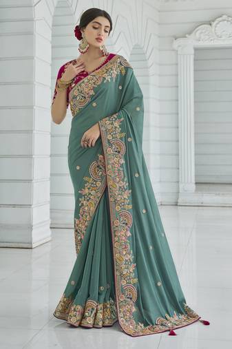 Rama color cords and diamond georgette saree with designer blouse fabric