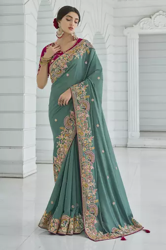 Rama color cords and diamond georgette saree with designer blouse fabric