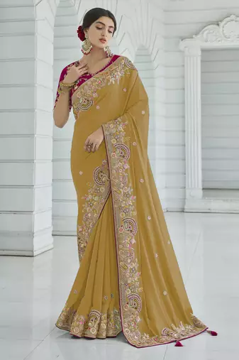 Yellow color cords and diamond georgette saree with designer blouse fabric