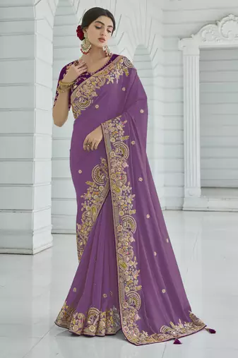 Purple color cords and diamond georgette saree with designer blouse fabric