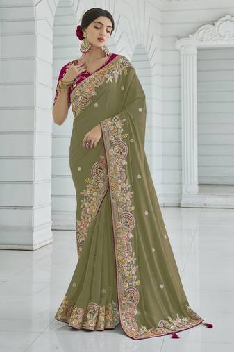 Green color cords and diamond georgette saree with designer blouse fabric