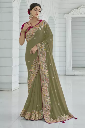 Green color cords and diamond georgette saree with designer blouse fabric