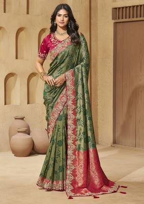 Green color sequence and cord work jecquard saree with designer blouse fabric 1
