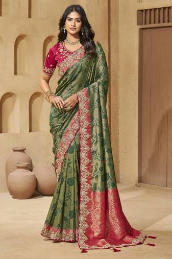 Green color sequence and cord work jecquard saree with designer blouse fabric