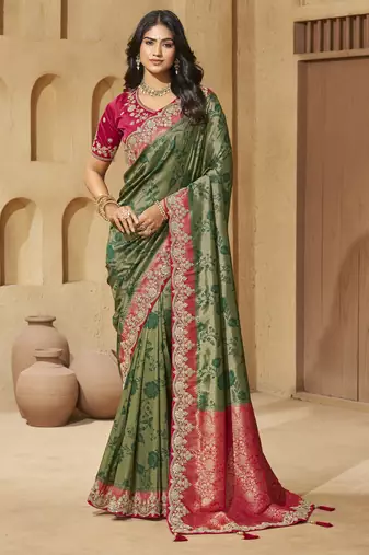 Green color sequence and cord work jecquard saree with designer blouse fabric