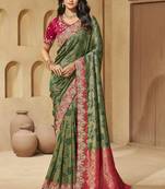 Green color sequence and cord work jecquard saree with designer blouse fabric