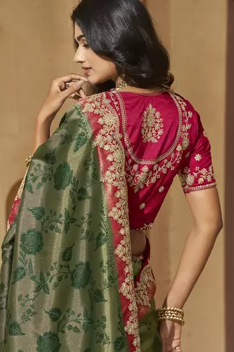 Green color sequence and cord work jecquard saree with designer blouse fabric