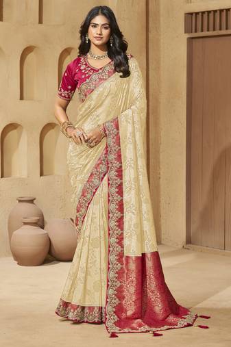 Cream color sequence and cord work jecquard saree with designer blouse fabric