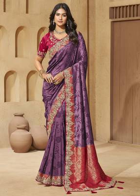 Purple color sequence and cord work jecquard saree with designer blouse fabric 1