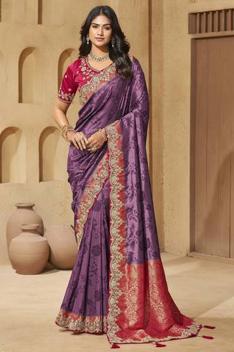 Purple color sequence and cord work jecquard saree with designer blouse fabric