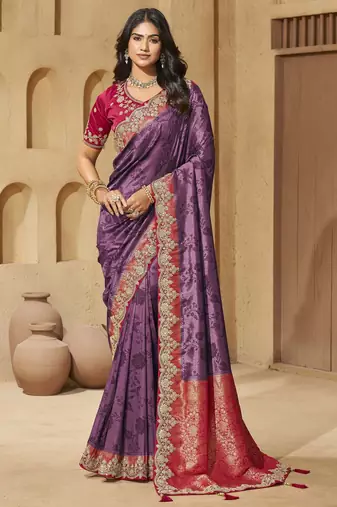 Purple color sequence and cord work jecquard saree with designer blouse fabric